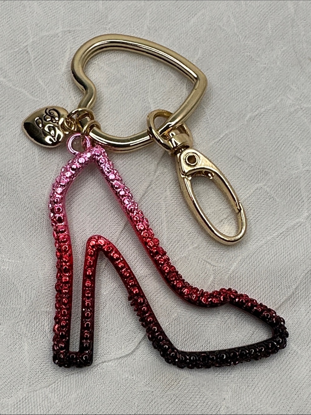 Betsy Johnson Charm Gold Keyring with Pink to Black Sequin High Heel Charm Ombre